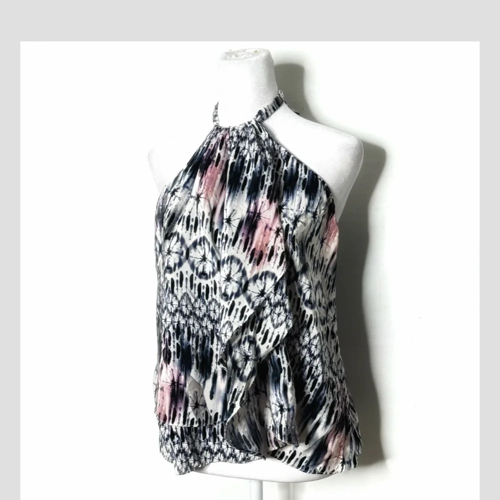 Amanda Uprichard Silk Top Halter Style Tie Neck Flyaway Styling Watercolor Print - Picture 4 of 12